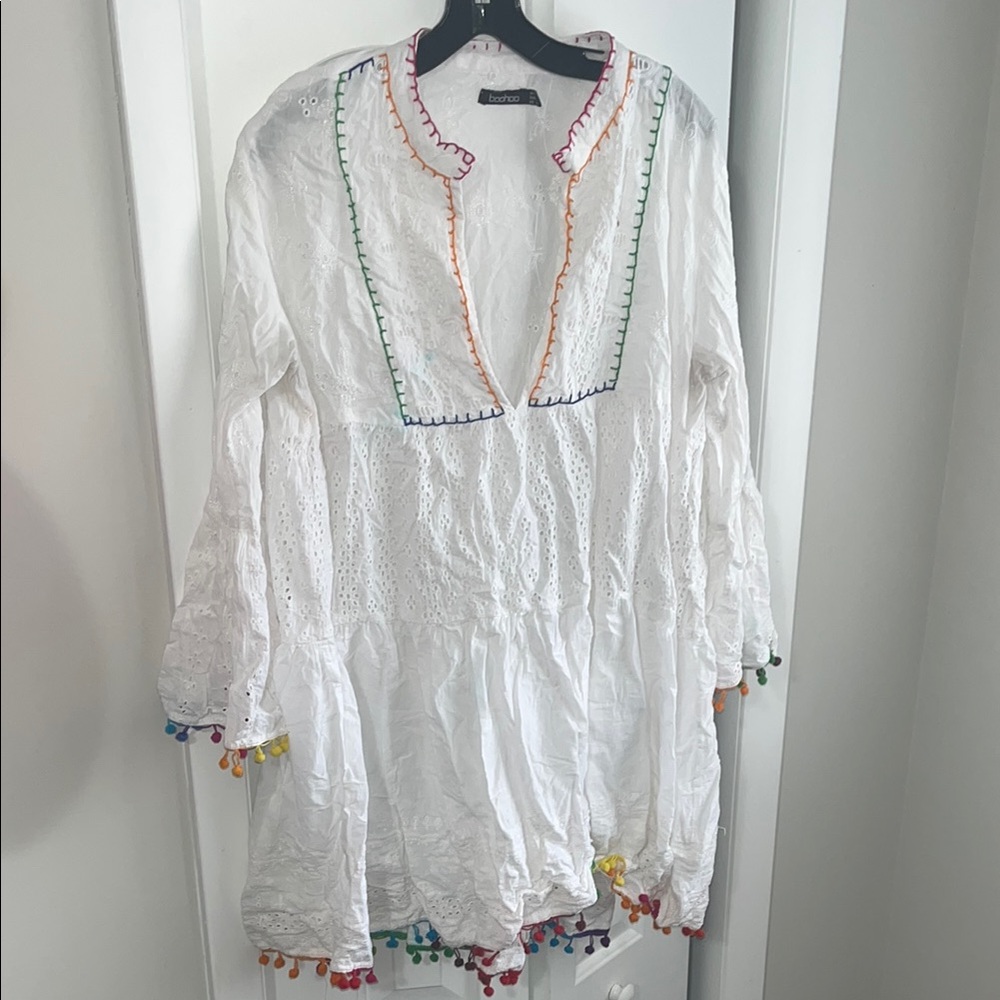 White Embroidered Women's Dress with Multicolor Accents